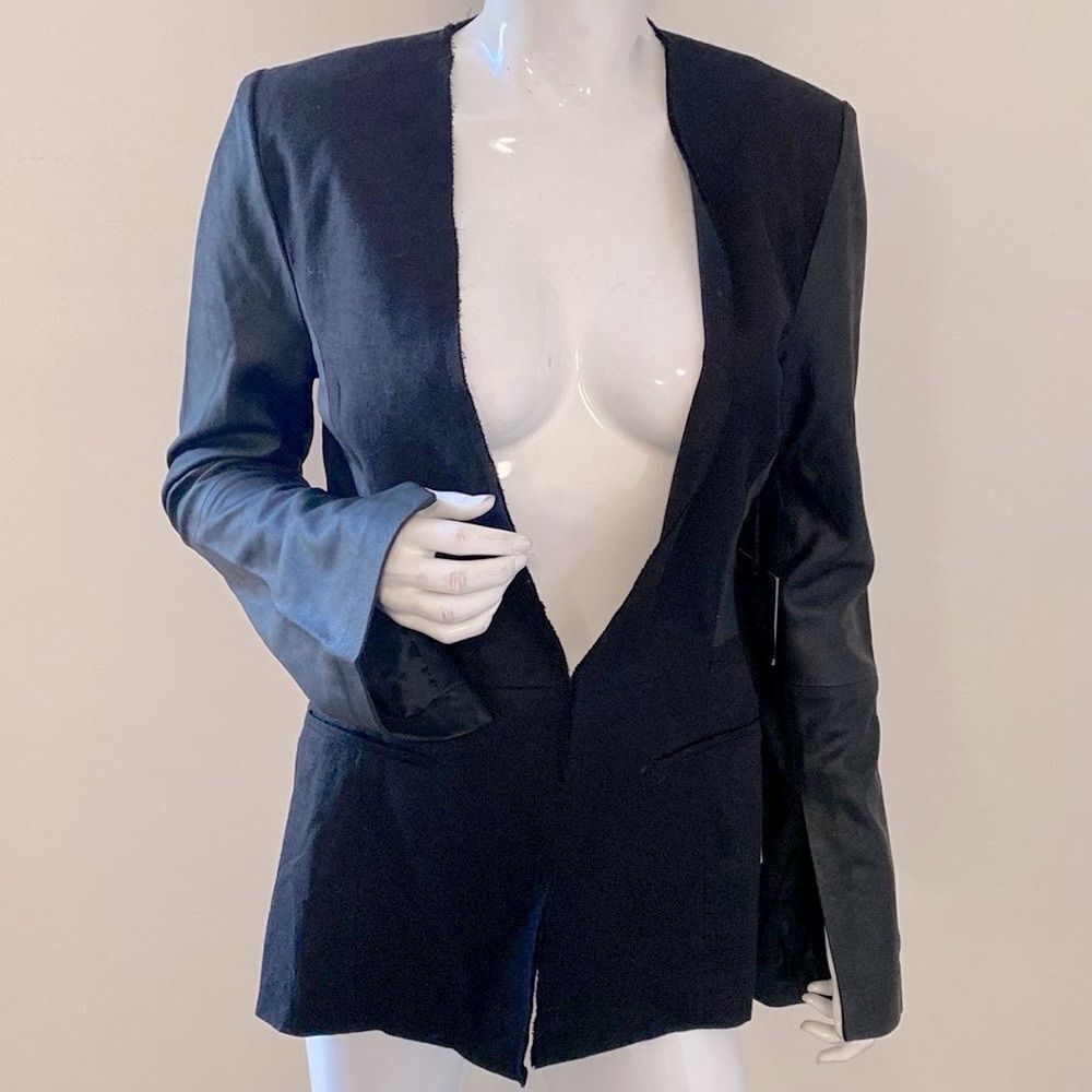 Veda Black Linen Blazer w Contrasting Black Leather Sleeves